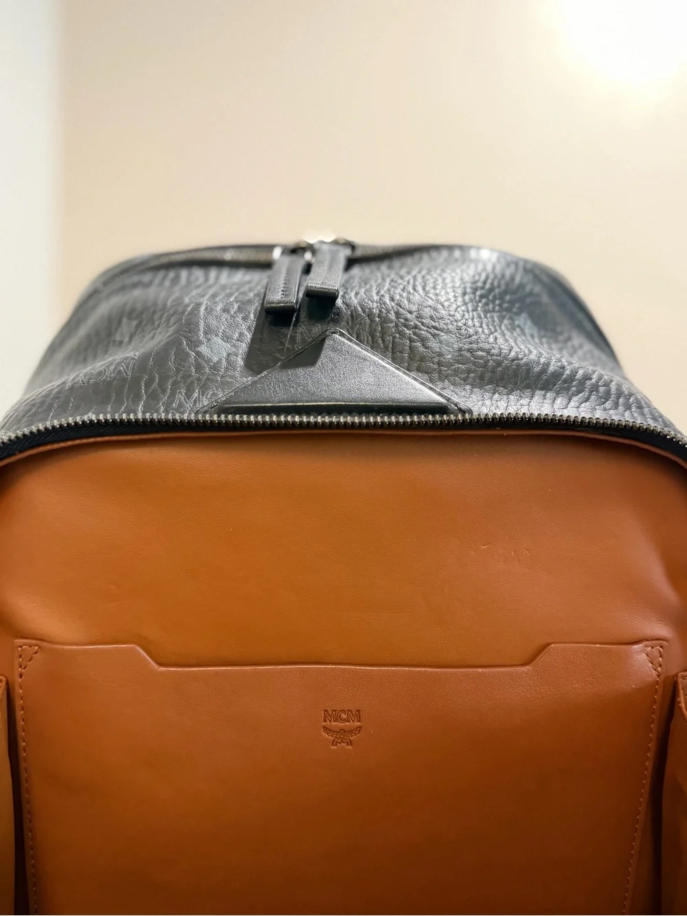 MCM Black Monogram Textured Leather Backpack